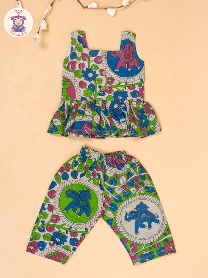 Green - Girls Floral Printed Kalamkari Co-ords Sets