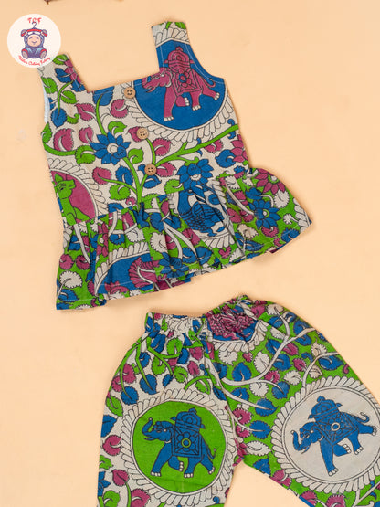 Green - Girls Floral Printed Kalamkari Co-ords Sets