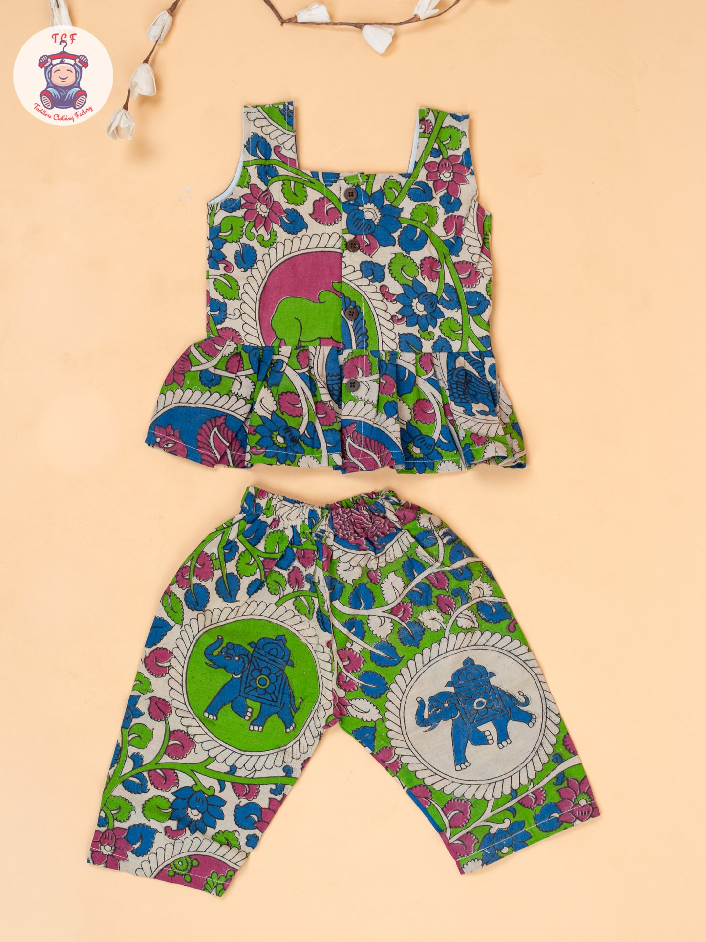 Green - Girls Floral Printed Kalamkari Co-ords Sets