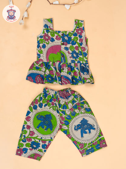 Green - Girls Floral Printed Kalamkari Co-ords Sets