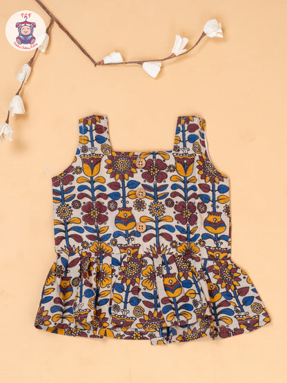 White - Girls Floral Printed Kalamkari Co-ords Sets