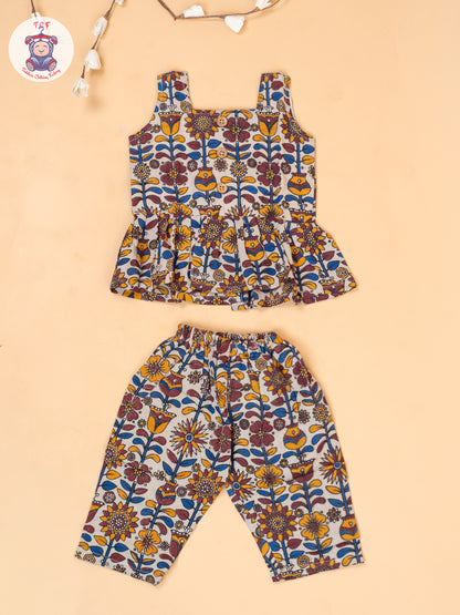 White - Girls Floral Printed Kalamkari Co-ords Sets