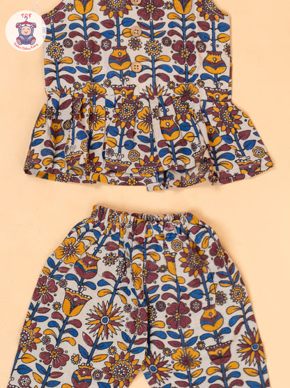 White - Girls Floral Printed Kalamkari Co-ords Sets