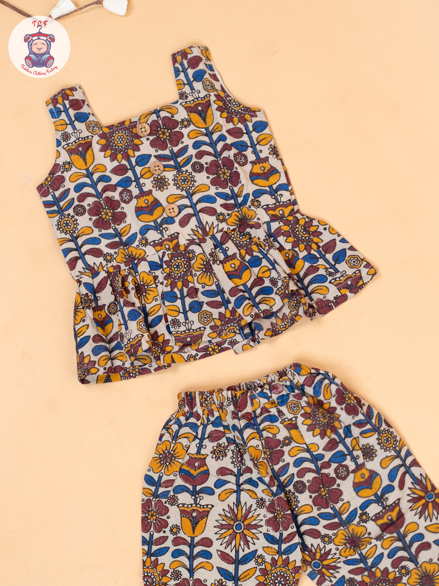 White - Girls Floral Printed Kalamkari Co-ords Sets