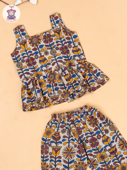 White - Girls Floral Printed Kalamkari Co-ords Sets