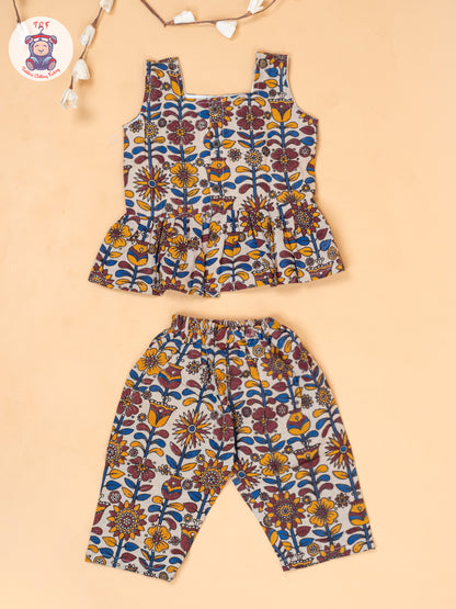 White - Girls Floral Printed Kalamkari Co-ords Sets