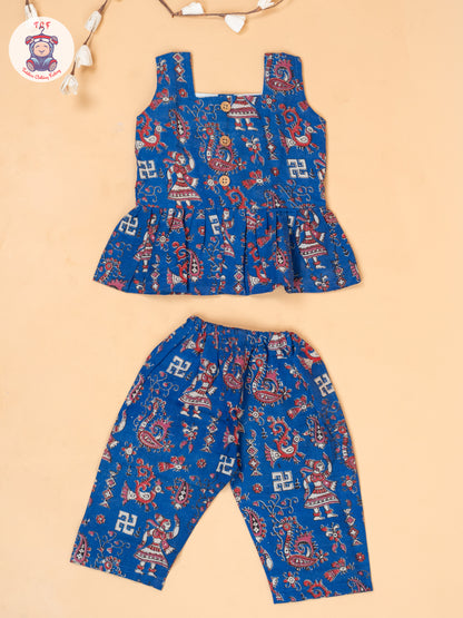 Blue - Girls Printed Kalamkari Co-ords Sets