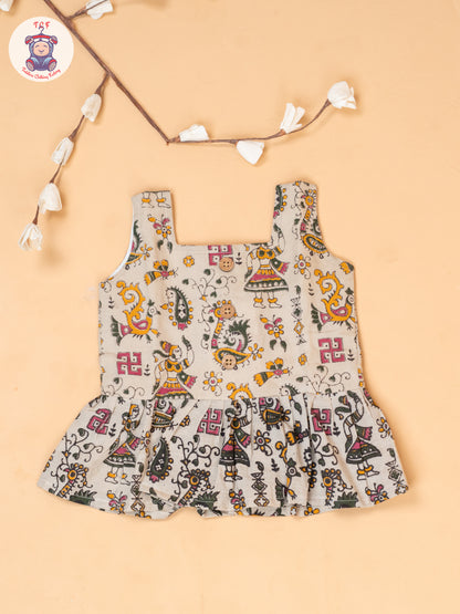 Cream - Girls Printed Kalamkari Co-ords Sets