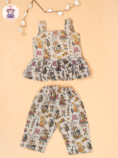 Cream - Girls Printed Kalamkari Co-ords Sets