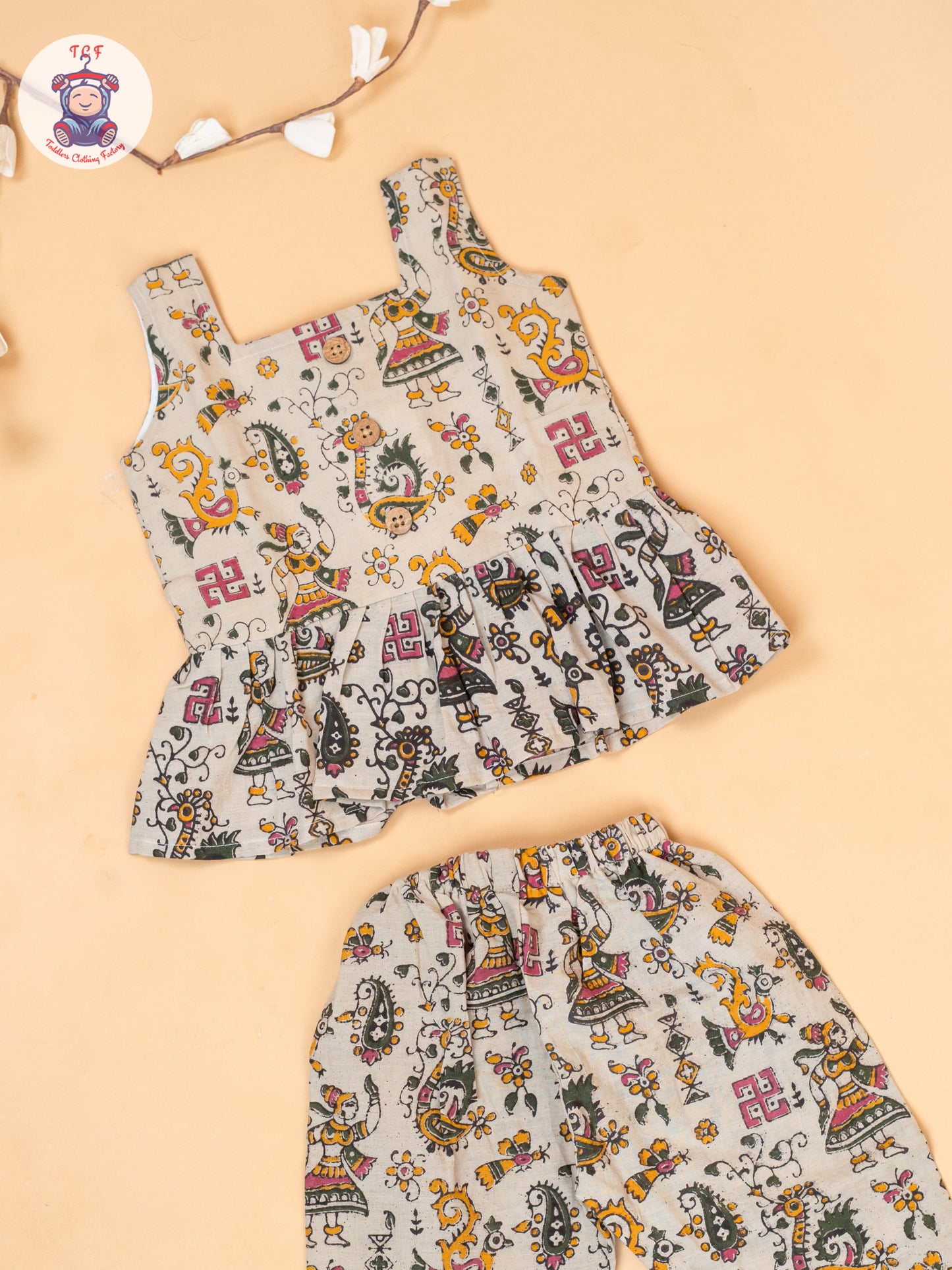 Cream - Girls Printed Kalamkari Co-ords Sets