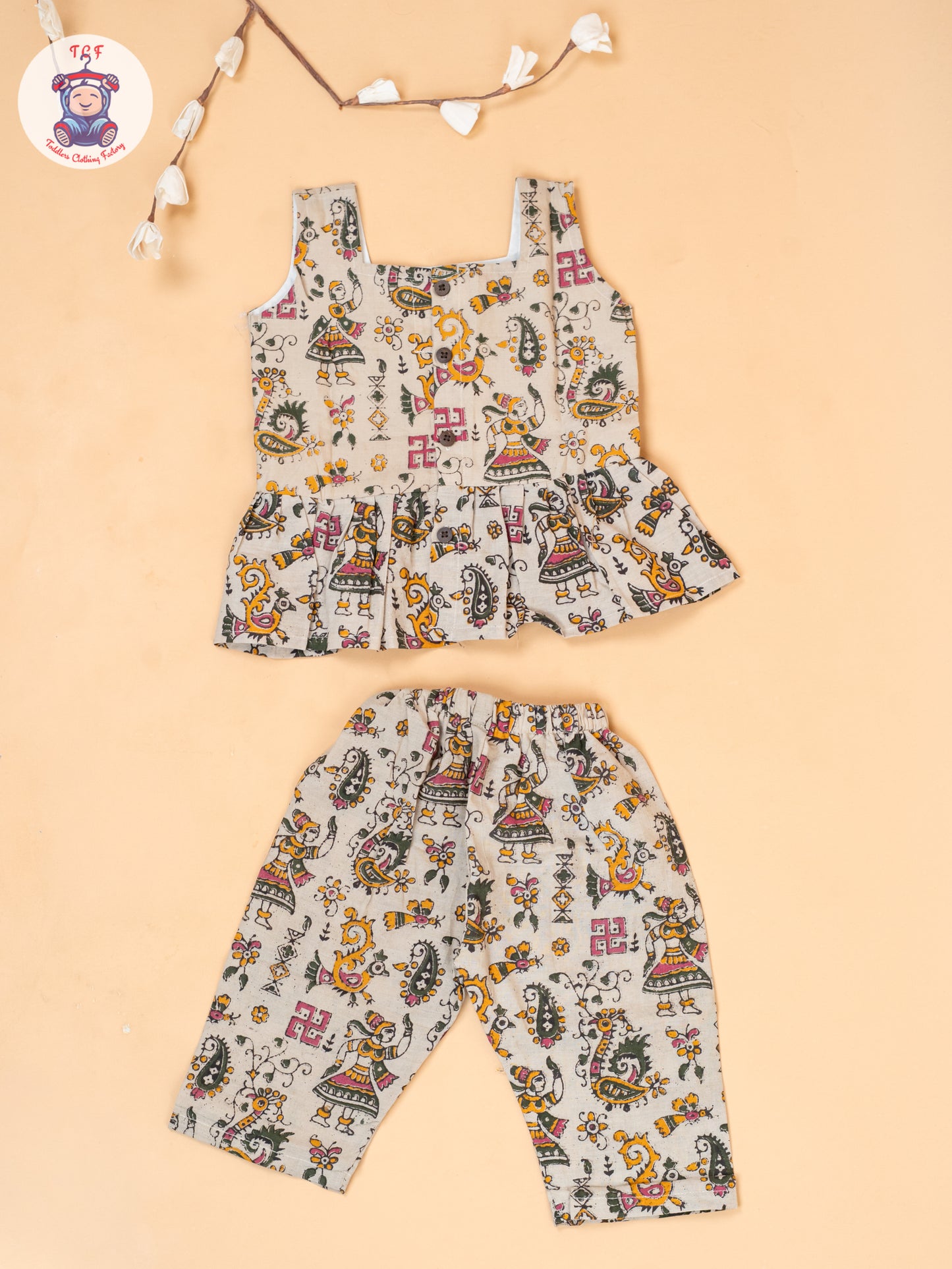 Cream - Girls Printed Kalamkari Co-ords Sets