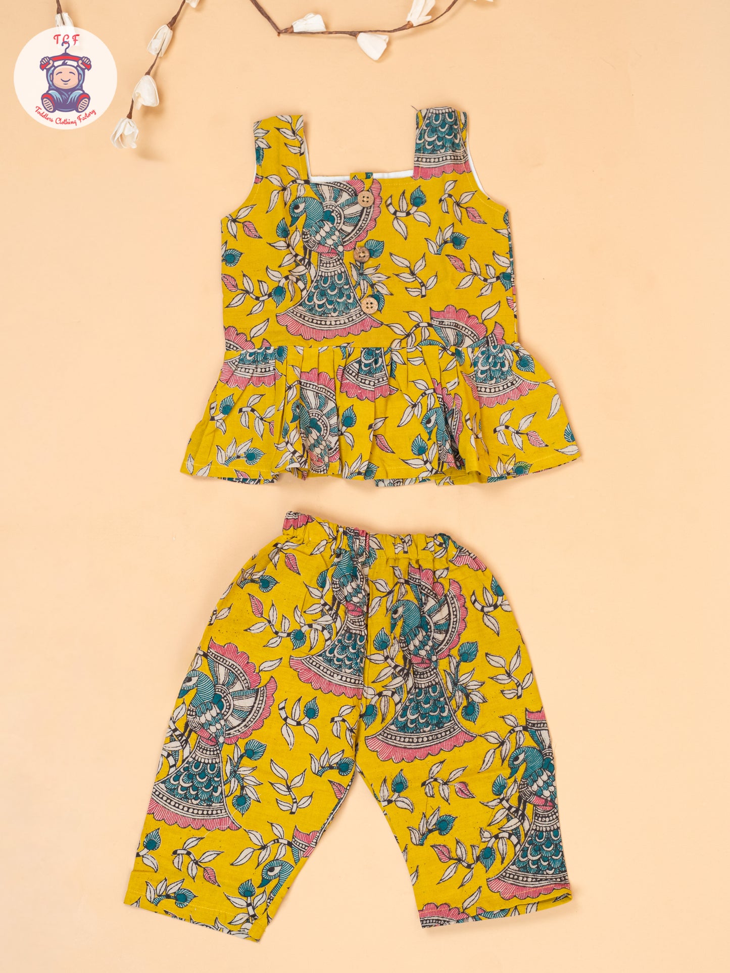 Mustard - Girls Floral Printed Kalamkari Co-ords Sets