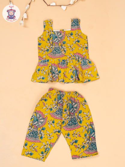 Mustard - Girls Floral Printed Kalamkari Co-ords Sets