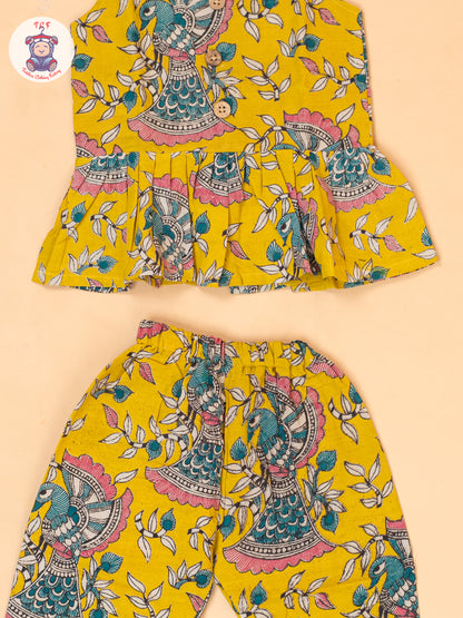 Mustard - Girls Floral Printed Kalamkari Co-ords Sets