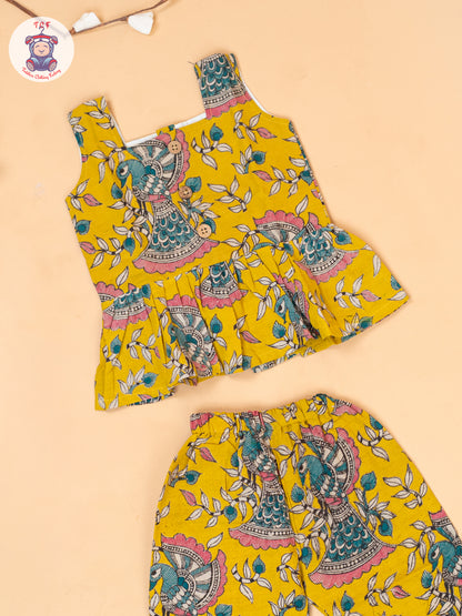 Mustard - Girls Floral Printed Kalamkari Co-ords Sets