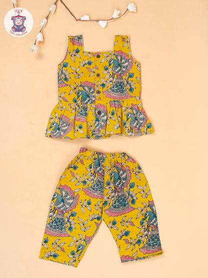 Mustard - Girls Floral Printed Kalamkari Co-ords Sets