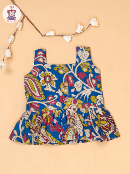 Blue - Girls Floral Printed Kalamkari Co-ords Sets