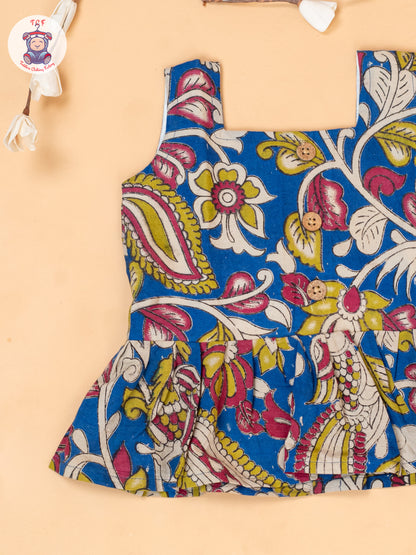 Blue - Girls Floral Printed Kalamkari Co-ords Sets