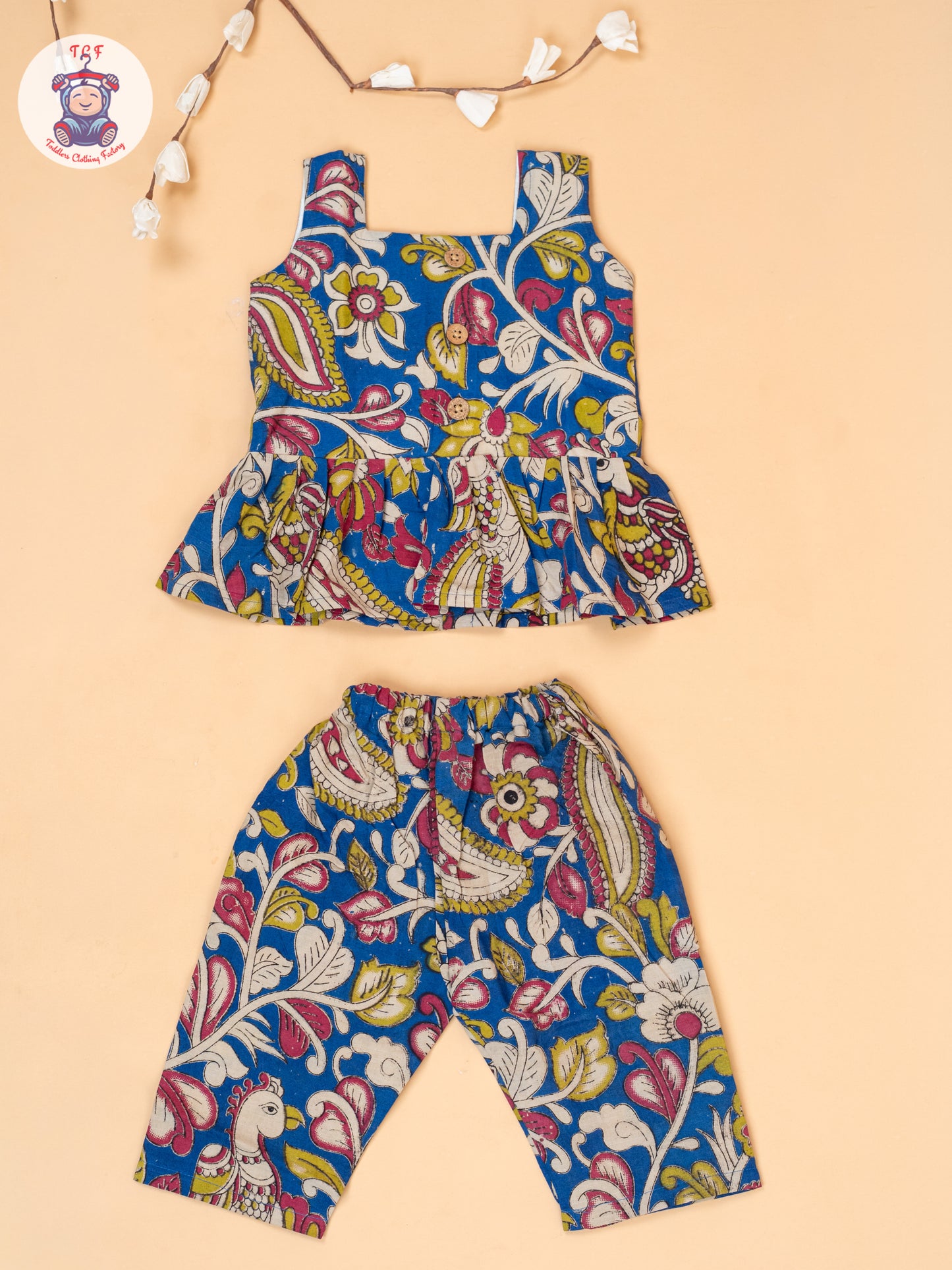 Blue - Girls Floral Printed Kalamkari Co-ords Sets
