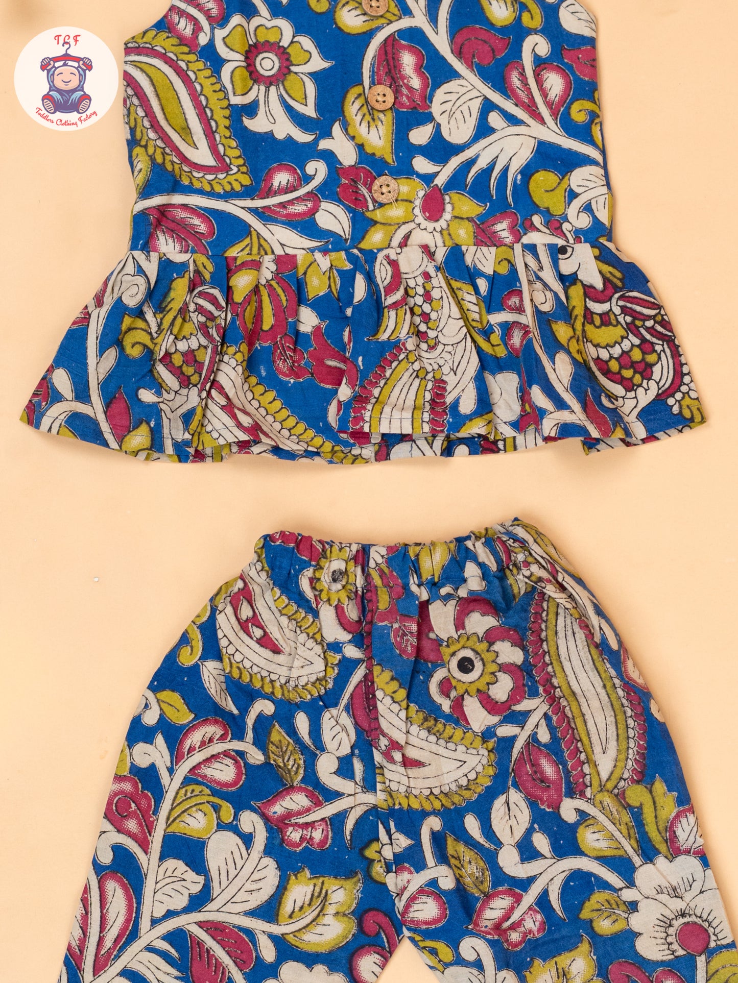Blue - Girls Floral Printed Kalamkari Co-ords Sets