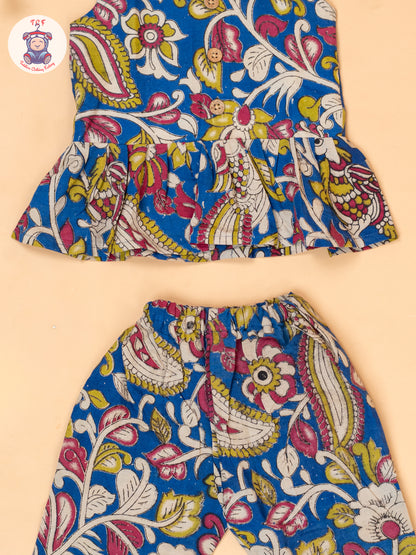 Blue - Girls Floral Printed Kalamkari Co-ords Sets