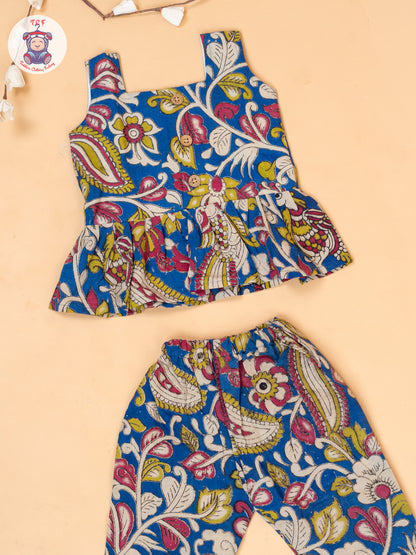 Blue - Girls Floral Printed Kalamkari Co-ords Sets