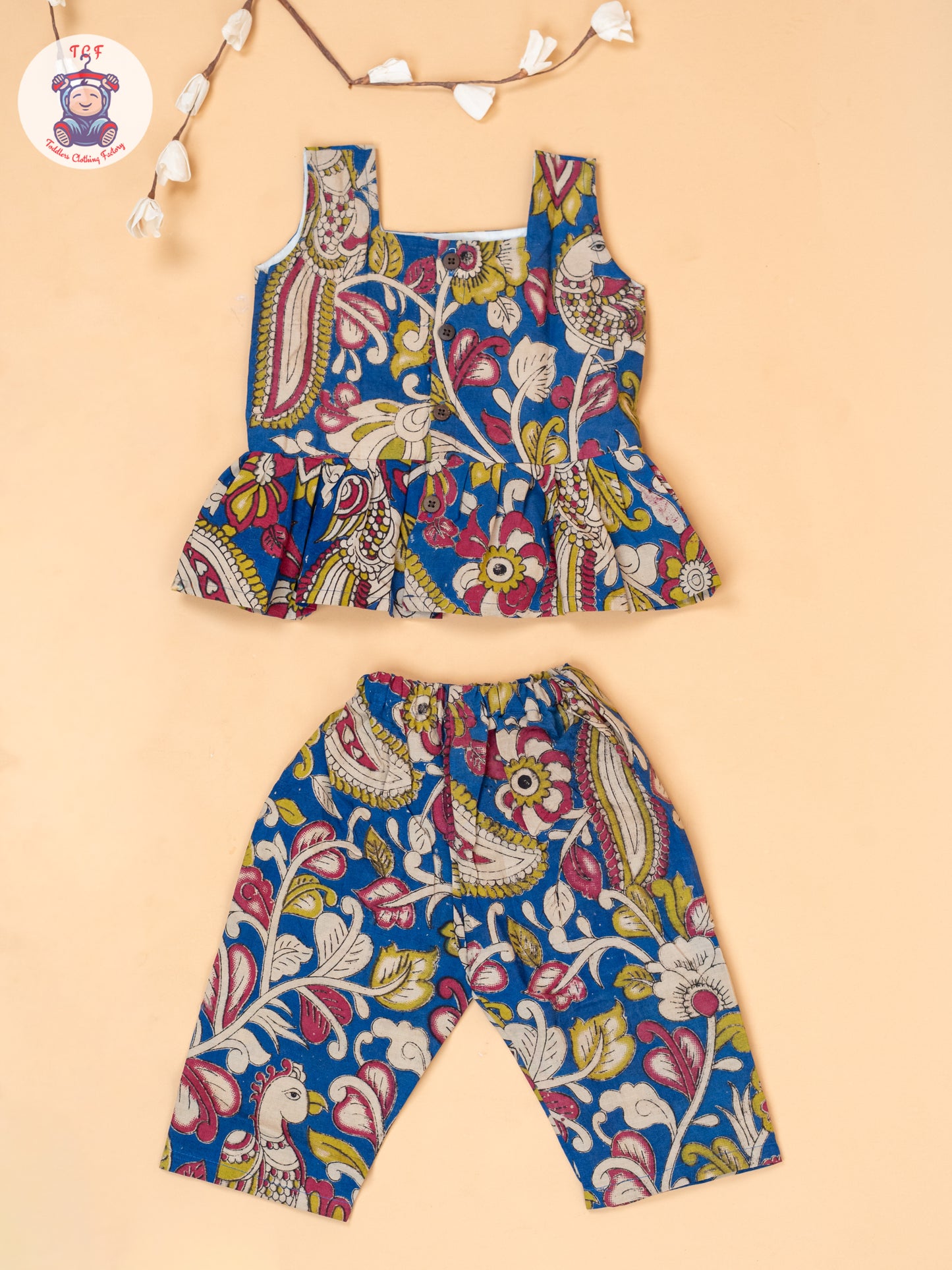 Blue - Girls Floral Printed Kalamkari Co-ords Sets