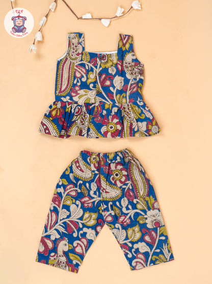 Blue - Girls Floral Printed Kalamkari Co-ords Sets