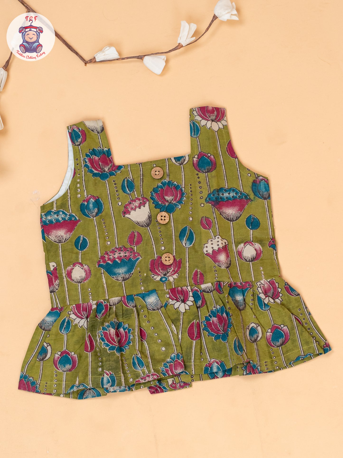 Mehandi Green - Girls Floral Printed Kalamkari Co-ords Sets