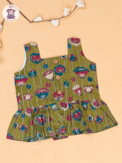 Mehandi Green - Girls Floral Printed Kalamkari Co-ords Sets