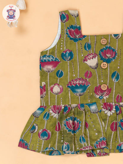 Mehandi Green - Girls Floral Printed Kalamkari Co-ords Sets