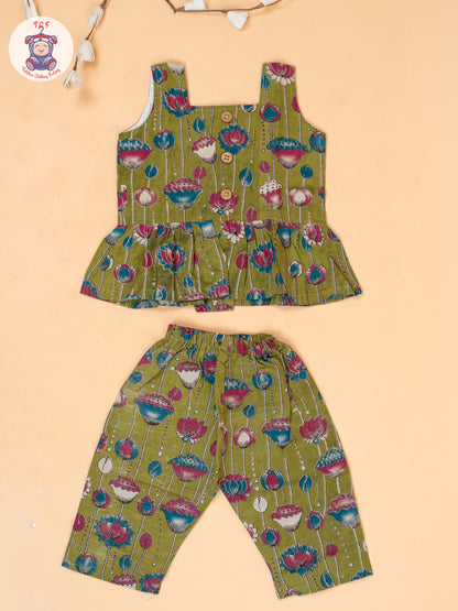 Mehandi Green - Girls Floral Printed Kalamkari Co-ords Sets