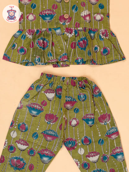 Mehandi Green - Girls Floral Printed Kalamkari Co-ords Sets