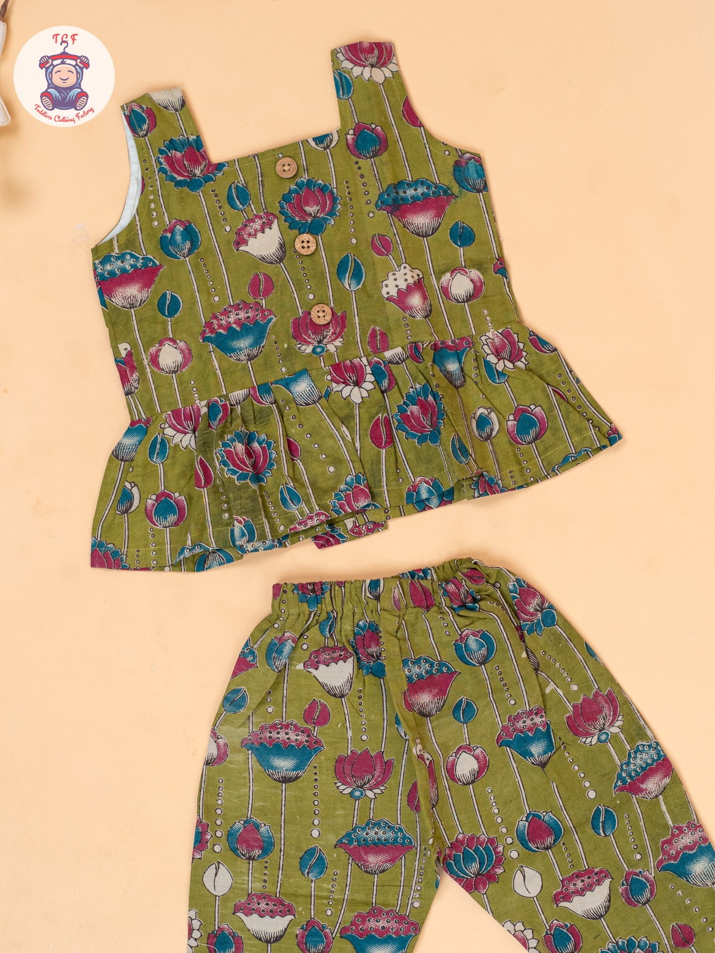 Mehandi Green - Girls Floral Printed Kalamkari Co-ords Sets