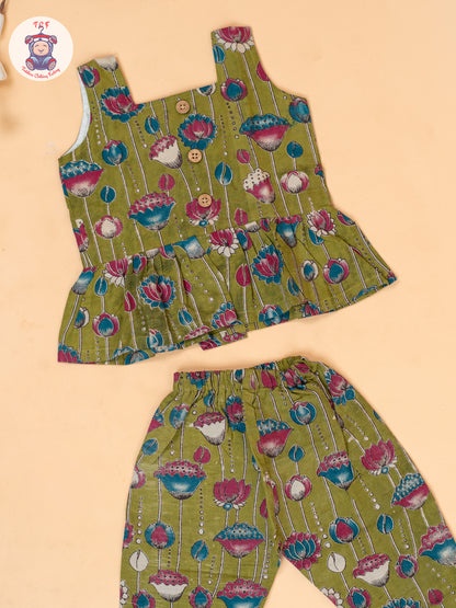 Mehandi Green - Girls Floral Printed Kalamkari Co-ords Sets