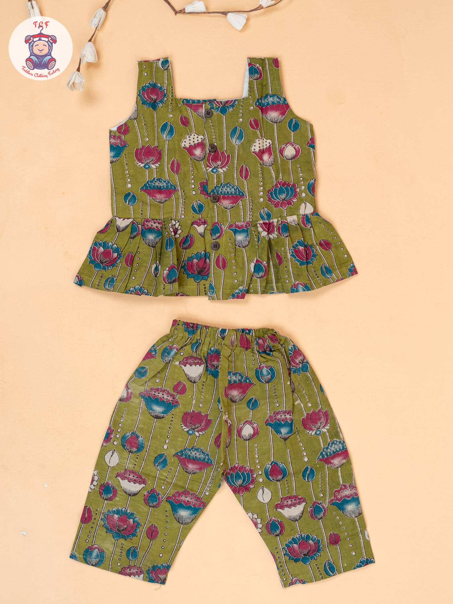 Mehandi Green - Girls Floral Printed Kalamkari Co-ords Sets
