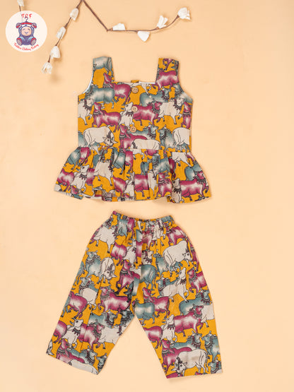 Orange - Girls Pichwai Printed Kalamkari Co-ords Sets