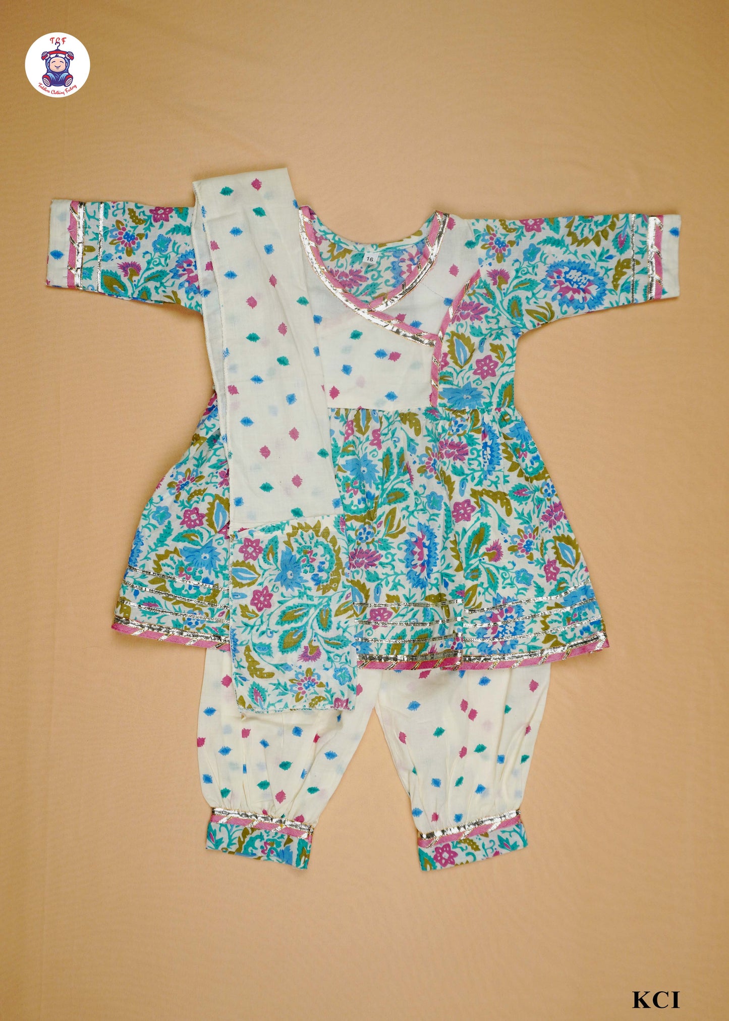 Blue Green & White - Floral Printed Umbrella Kurti Set with Dupatta