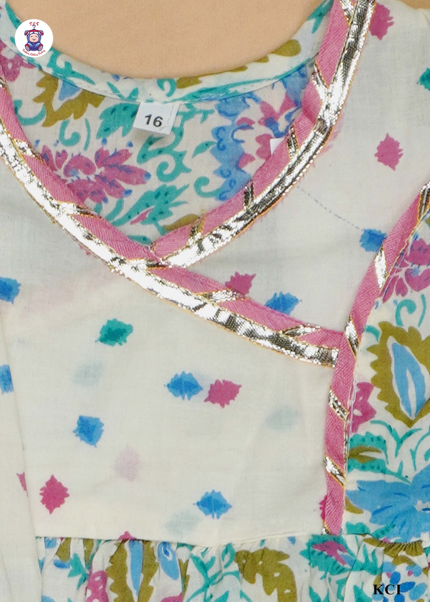 Blue Green & White - Floral Printed Umbrella Kurti Set with Dupatta