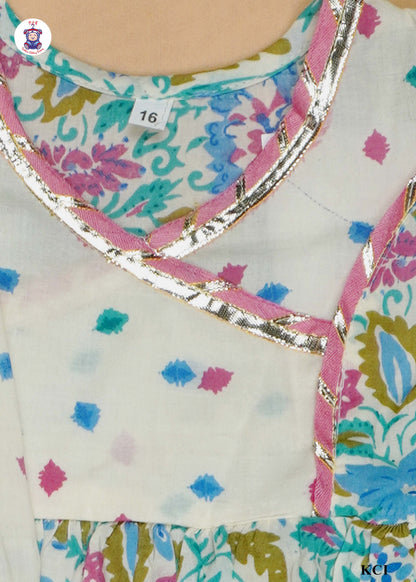 Blue Green & White - Floral Printed Umbrella Kurti Set with Dupatta
