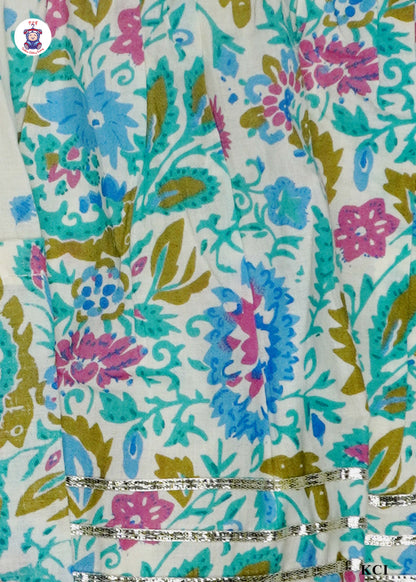 Blue Green & White - Floral Printed Umbrella Kurti Set with Dupatta