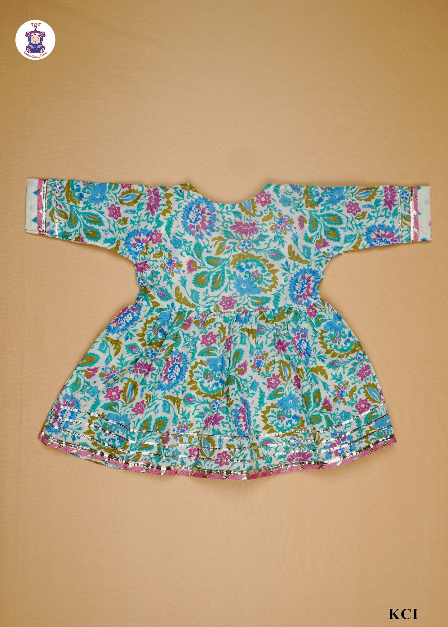 Blue Green & White - Floral Printed Umbrella Kurti Set with Dupatta