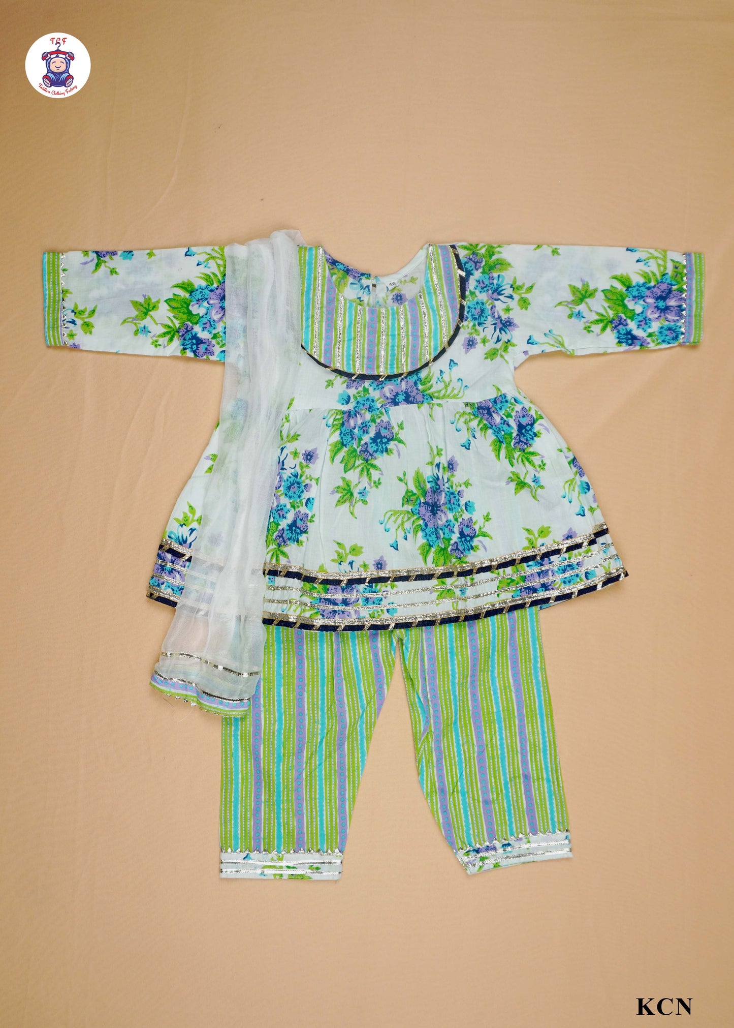 India Green & White - Floral Printed Umbrella Kurti Set with Dupatta