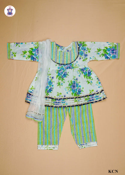 India Green & White - Floral Printed Umbrella Kurti Set with Dupatta