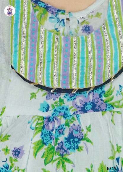 India Green & White - Floral Printed Umbrella Kurti Set with Dupatta