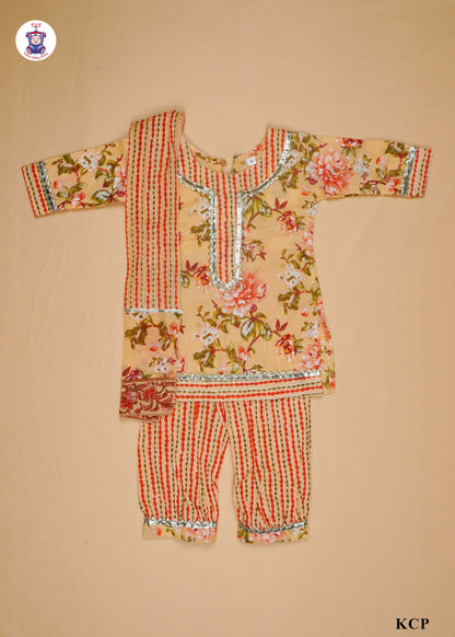 Pastel Orange - Floral Printed Straight Kurti Set with Dupatta