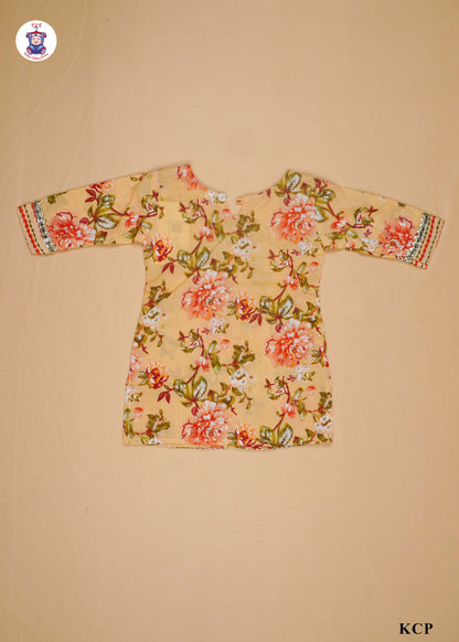 Pastel Orange - Floral Printed Straight Kurti Set with Dupatta