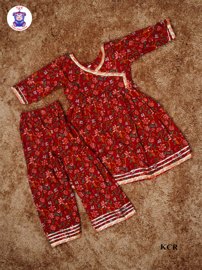 Rusty Brown - Floral Printed V-Neck Kurti Set