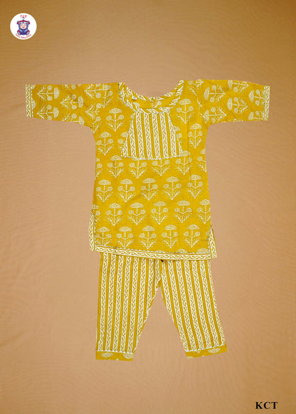 True Yellow - Printed Straight Kurti Set with Dupatta