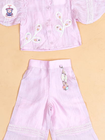 Baby Pink - Girls Embroidered Pant & Top